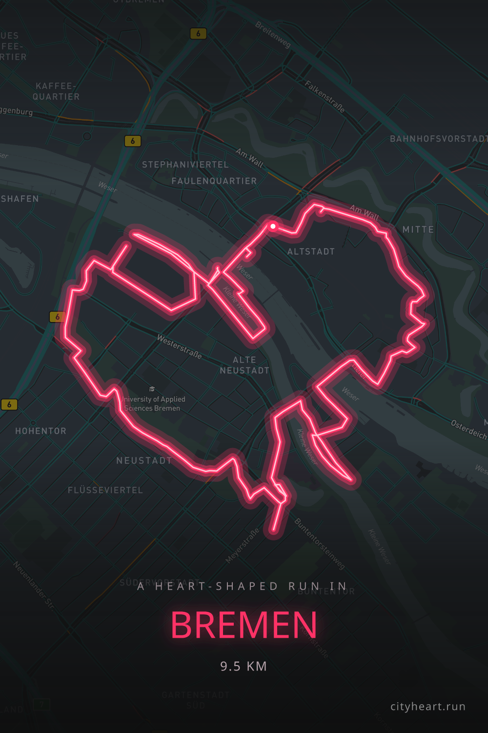 Heart-shaped running route in Bremen, 9.5 km — GPS art for Strava