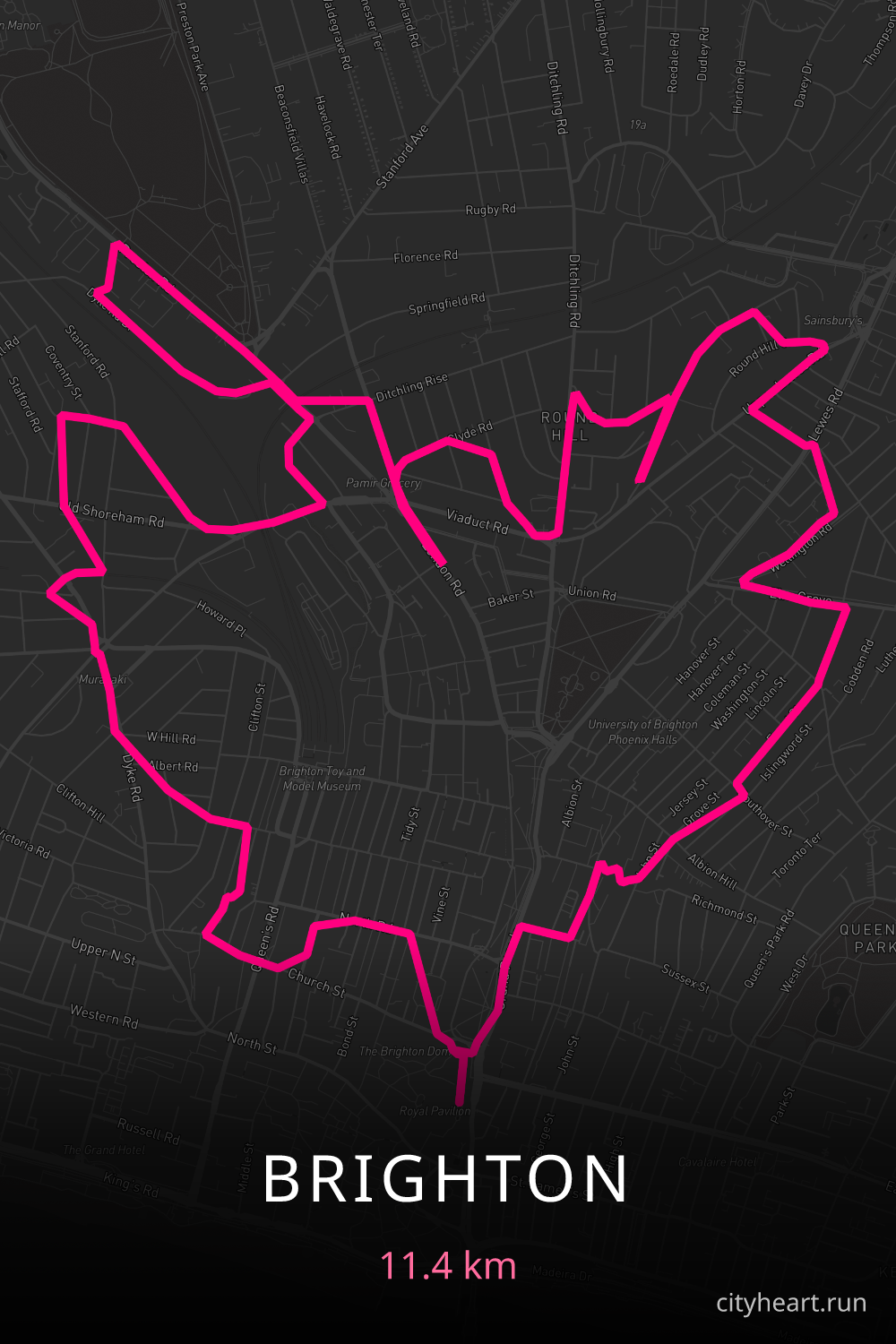 Heart-shaped running route in Brighton, 11.4 km — GPS art for Strava