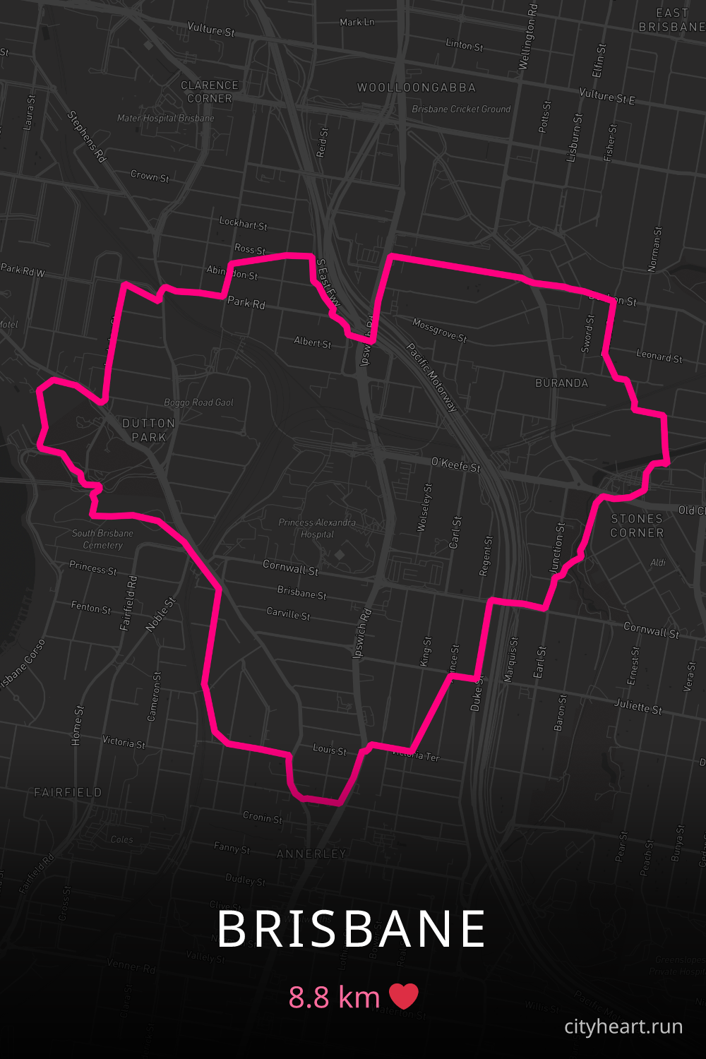 Heart-shaped running route in Brisbane, 8.8 km — GPS art for Strava