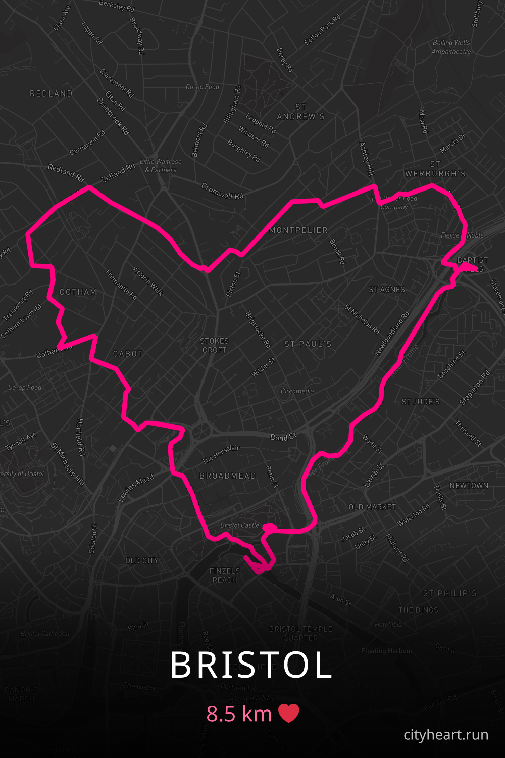 Heart-shaped running route in Bristol, 8.5 km — GPS art for Strava