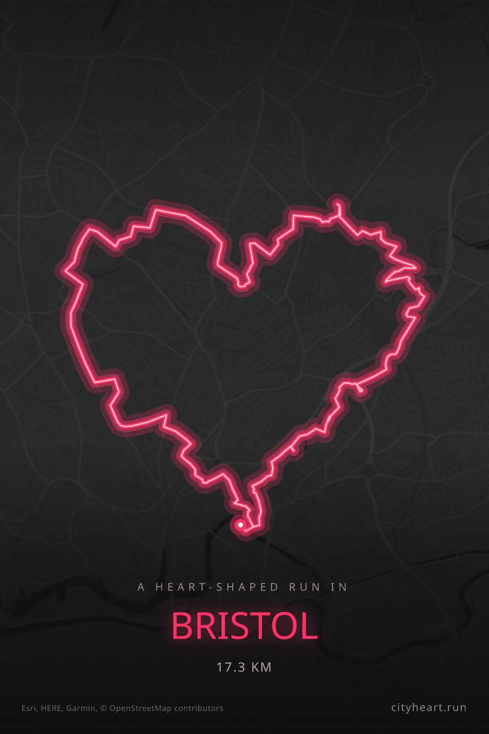 Heart-shaped running route in Bristol, 17.3 km — GPS art for Strava