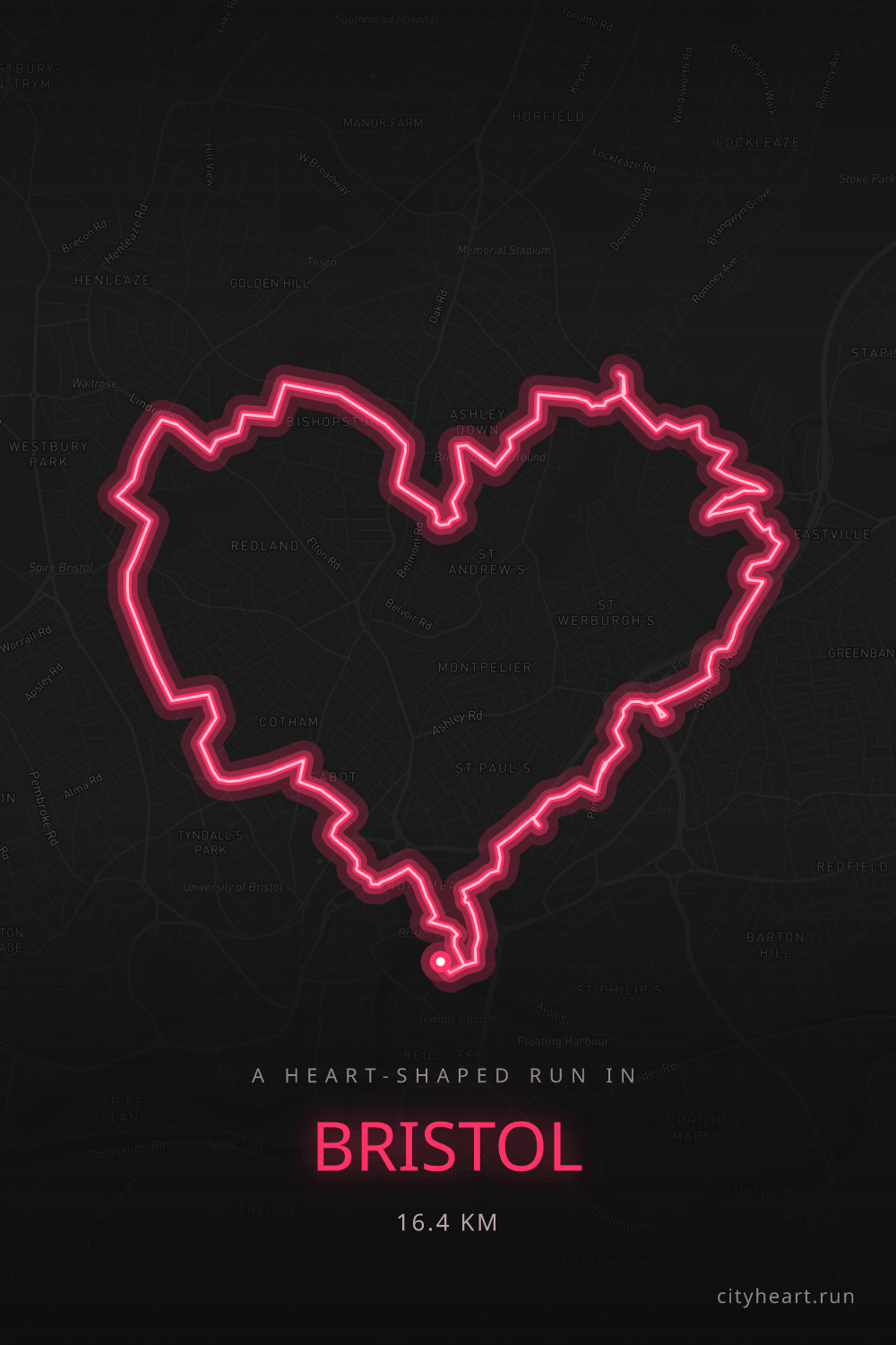 Heart-shaped running route in Bristol, 17.3 km — GPS art for Strava