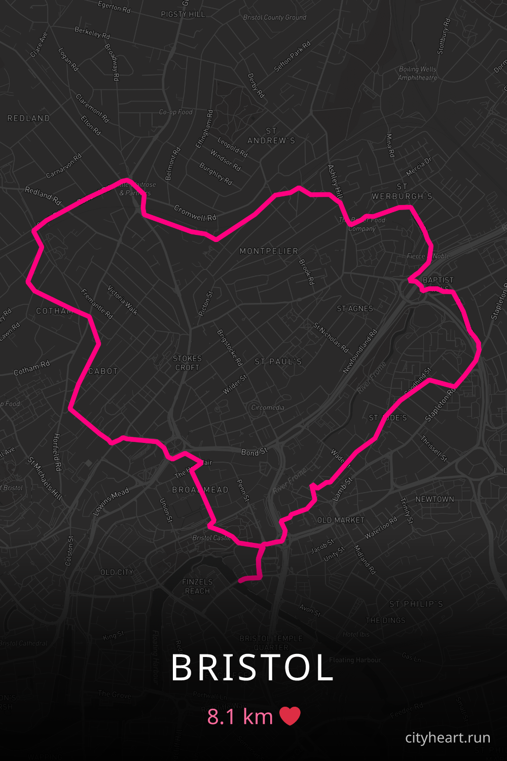Heart-shaped running route in Bristol, 8.1 km — GPS art for Strava