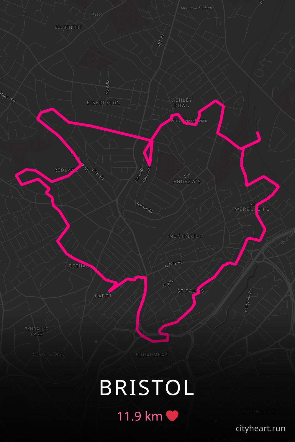 Heart-shaped running route in Bristol, 11.9 km — GPS art for Strava