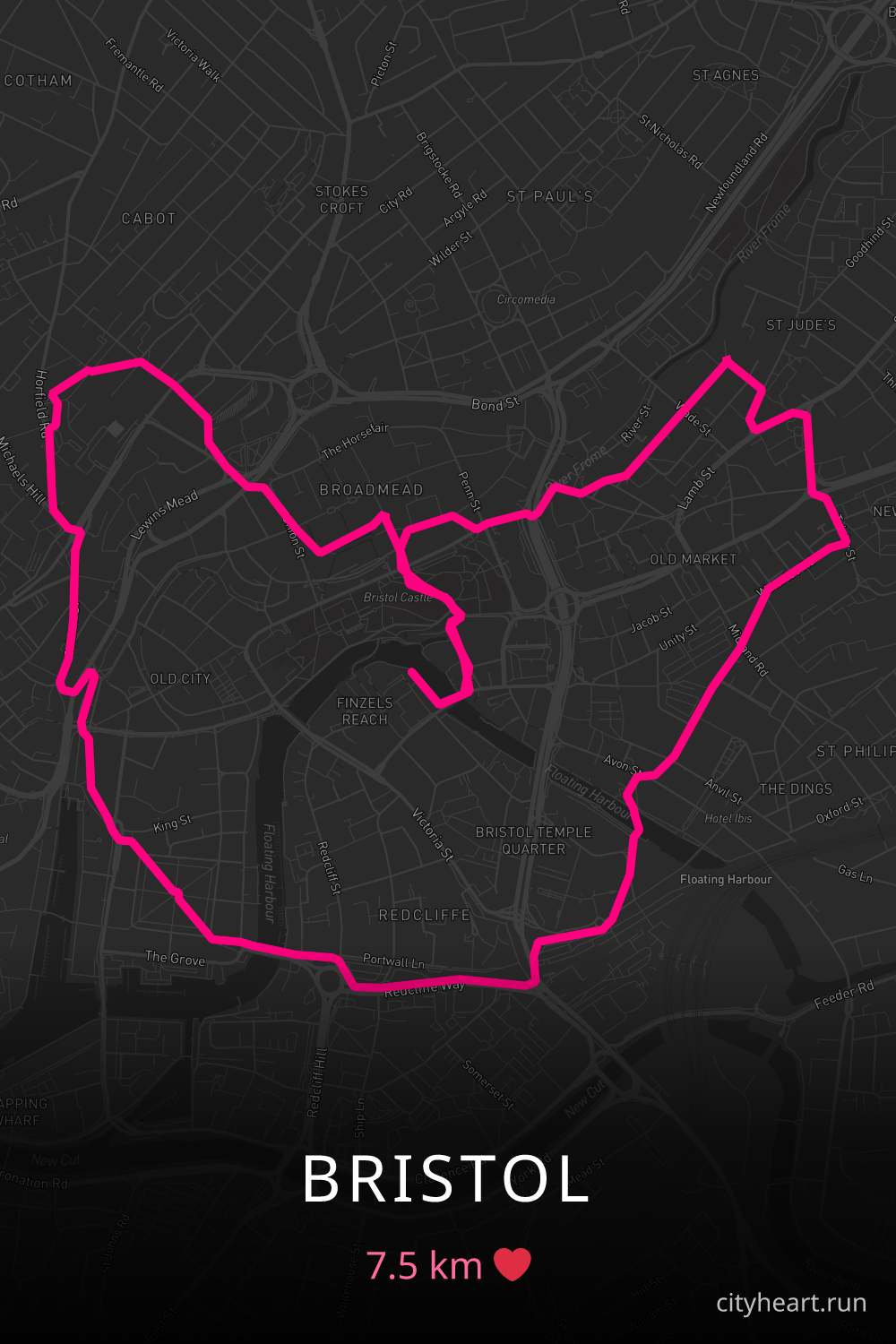 Heart-shaped running route in Bristol, 7.5 km — GPS art for Strava