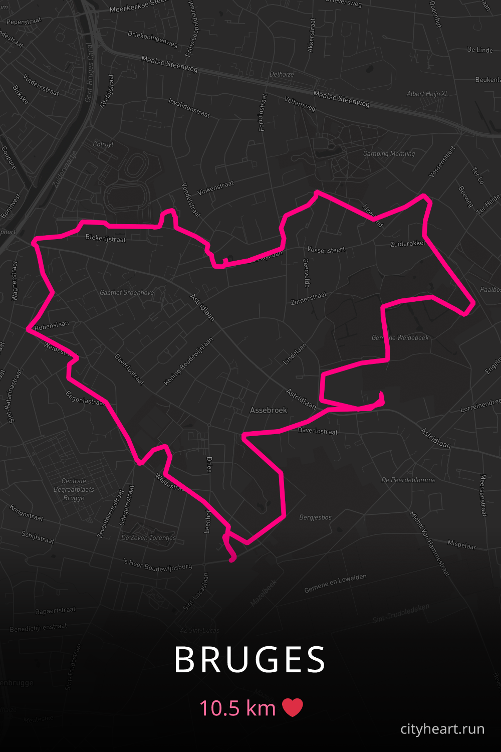 Heart-shaped running route in Bruges, 10.5 km — GPS art for Strava
