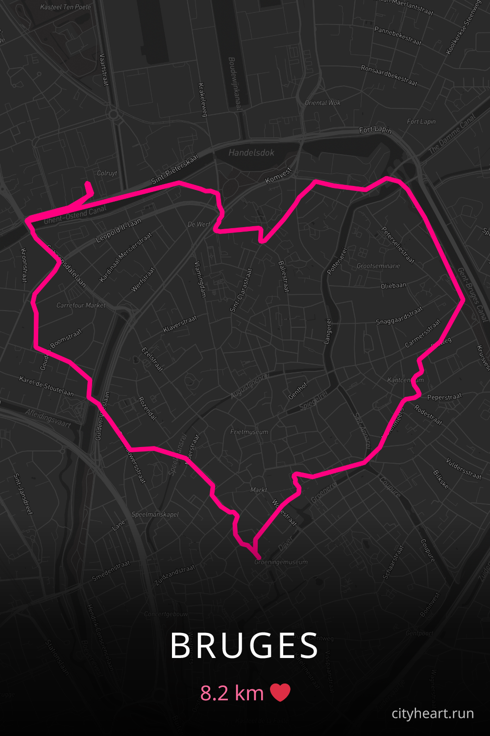 Heart-shaped running route in Bruges, 8.2 km — GPS art for Strava