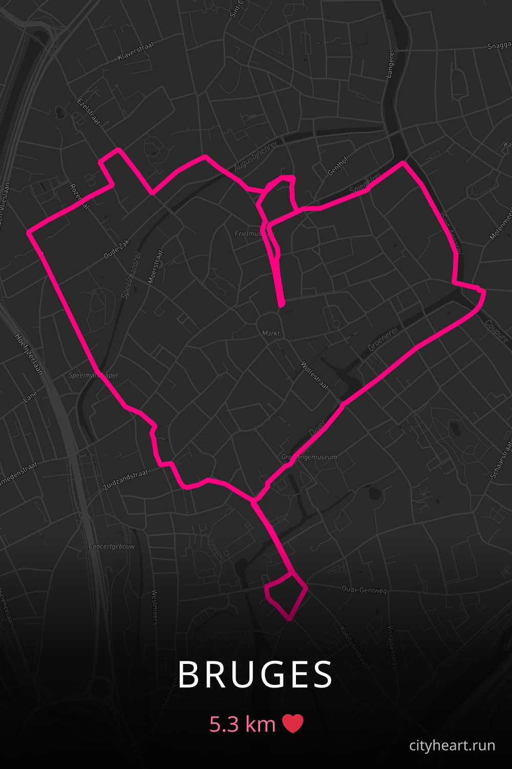 Heart-shaped running route in Bruges, 5.3 km — GPS art for Strava
