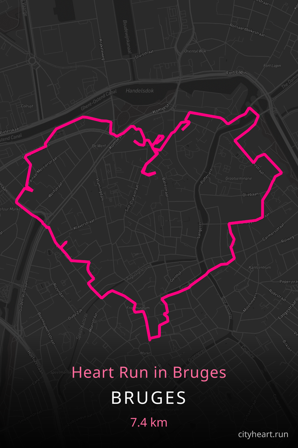 Heart-shaped running route in Bruges, 7.5 km — GPS art for Strava