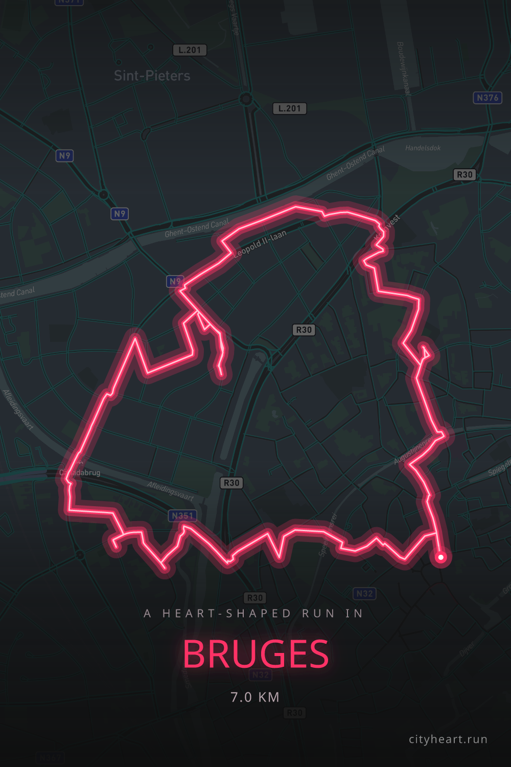 Heart-shaped running route in Bruges, 7.0 km — GPS art for Strava