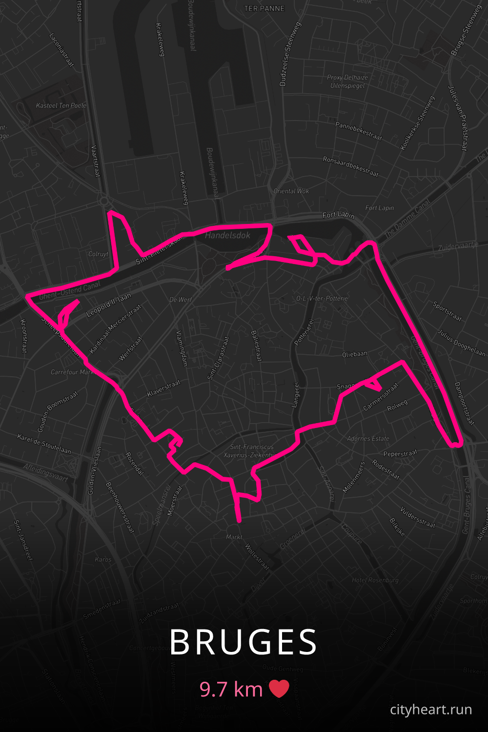 Heart-shaped running route in Bruges, 9.7 km — GPS art for Strava