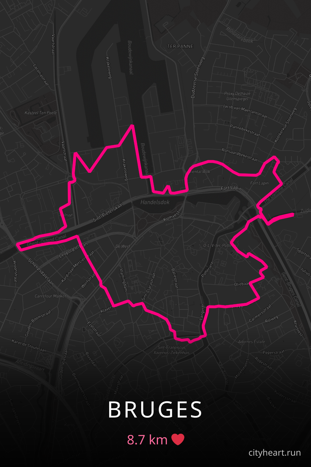 Heart-shaped running route in Bruges, 8.7 km — GPS art for Strava