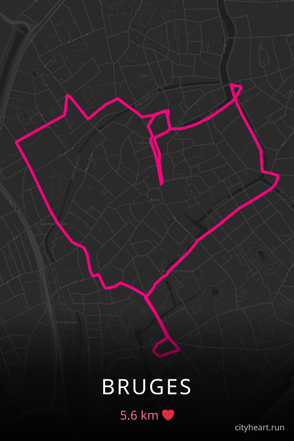 Heart-shaped running route in Bruges, 5.6 km — GPS art for Strava