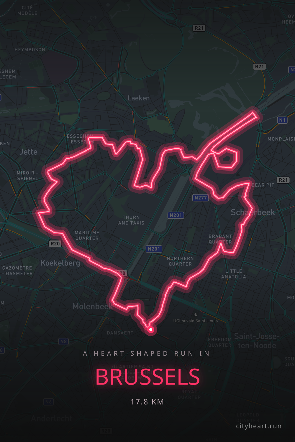 Heart-shaped running route in Brussels, 18.9 km — GPS art for Strava