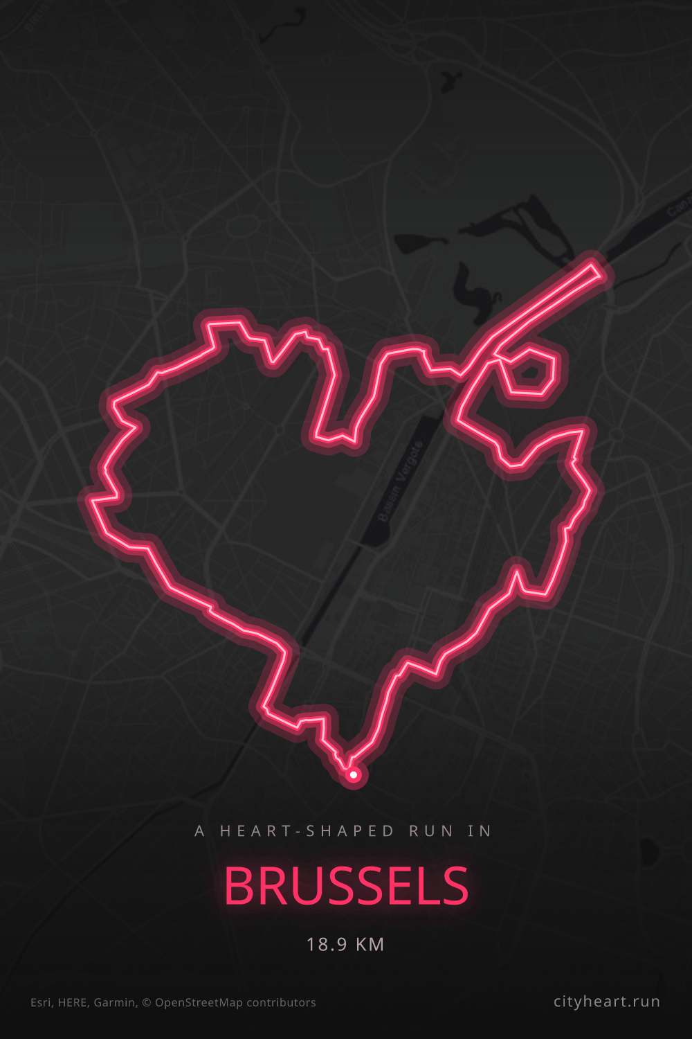 Heart-shaped running route in Brussels, 18.9 km — GPS art for Strava