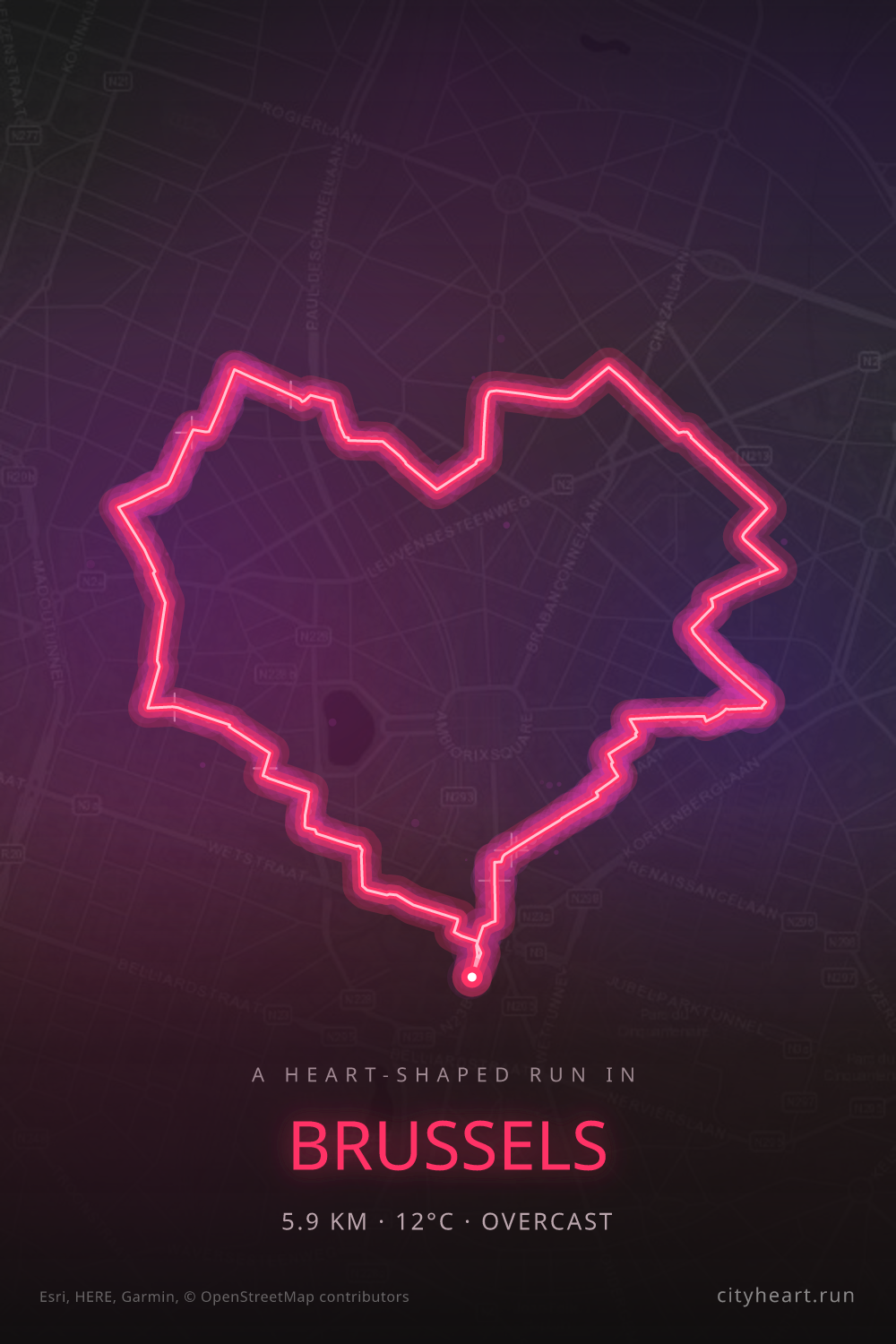 Heart-shaped running route in Brussels, 5.9 km — GPS art for Strava