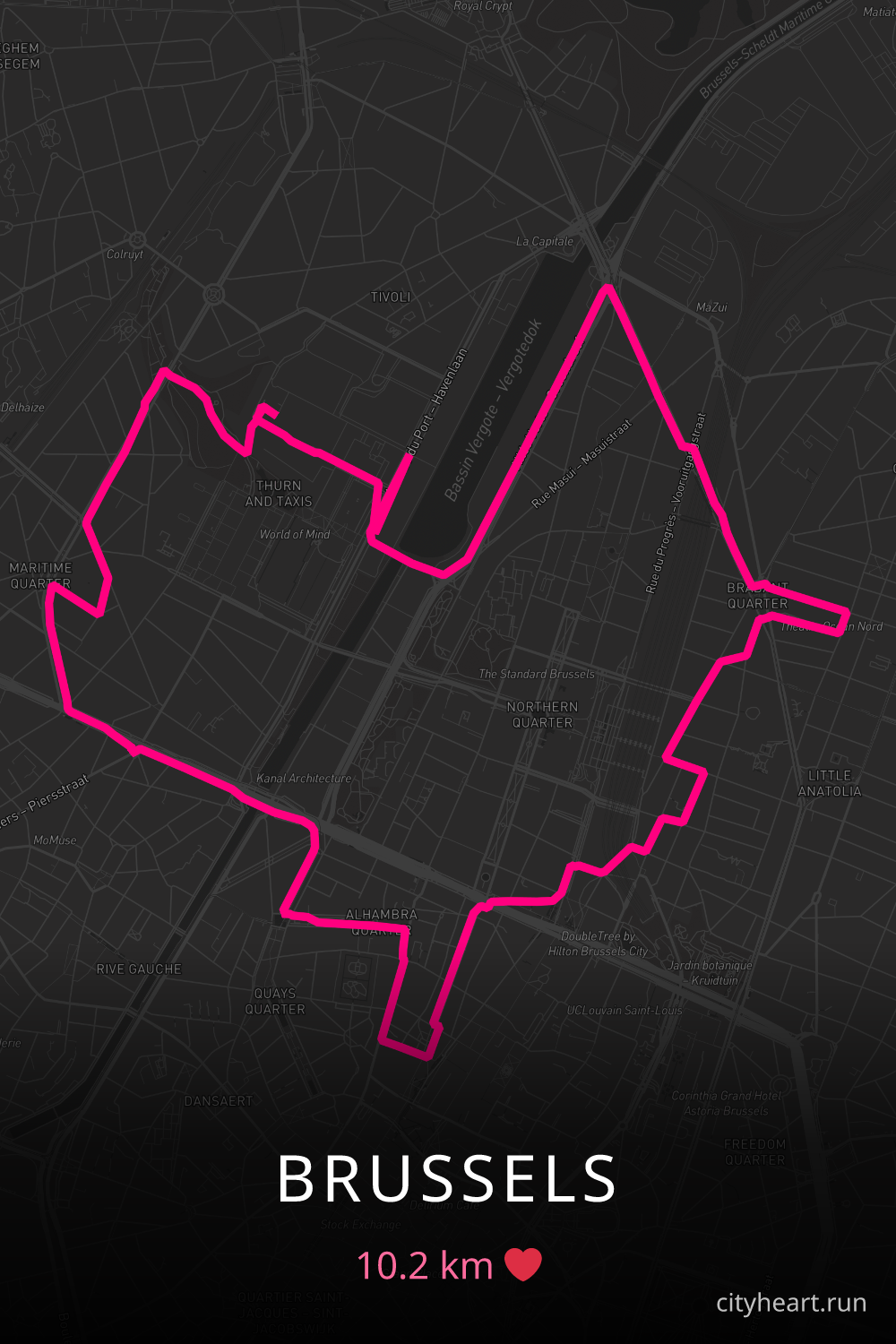 Heart-shaped running route in Brussels, 10.2 km — GPS art for Strava