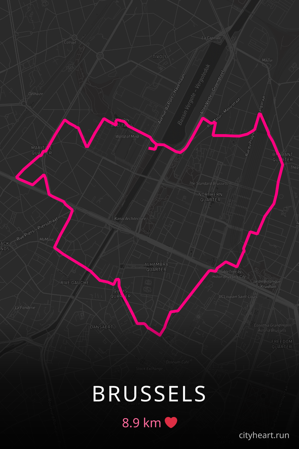 Heart-shaped running route in Brussels, 8.9 km — GPS art for Strava