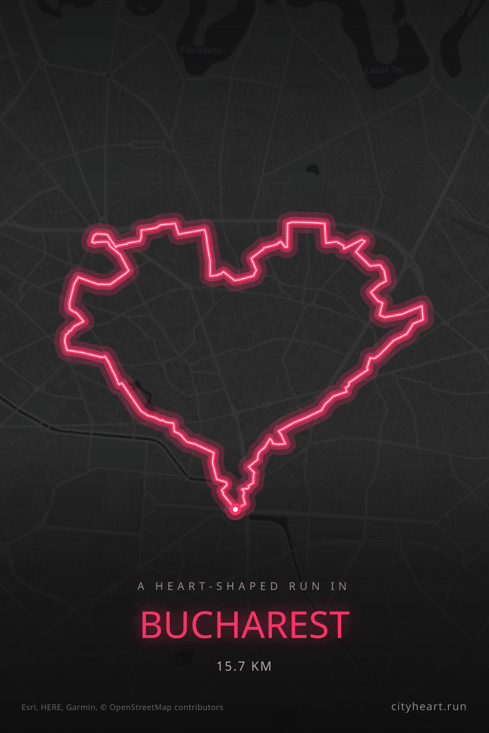 Heart-shaped running route in Bucharest, 15.7 km — GPS art for Strava