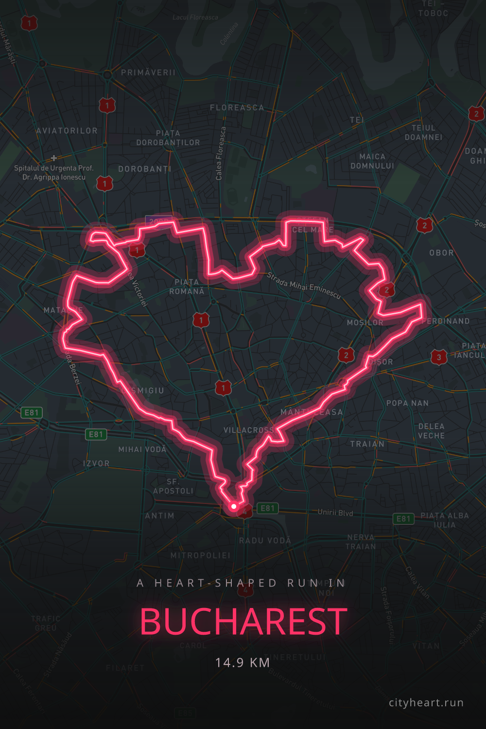 Heart-shaped running route in Bucharest, 15.7 km — GPS art for Strava