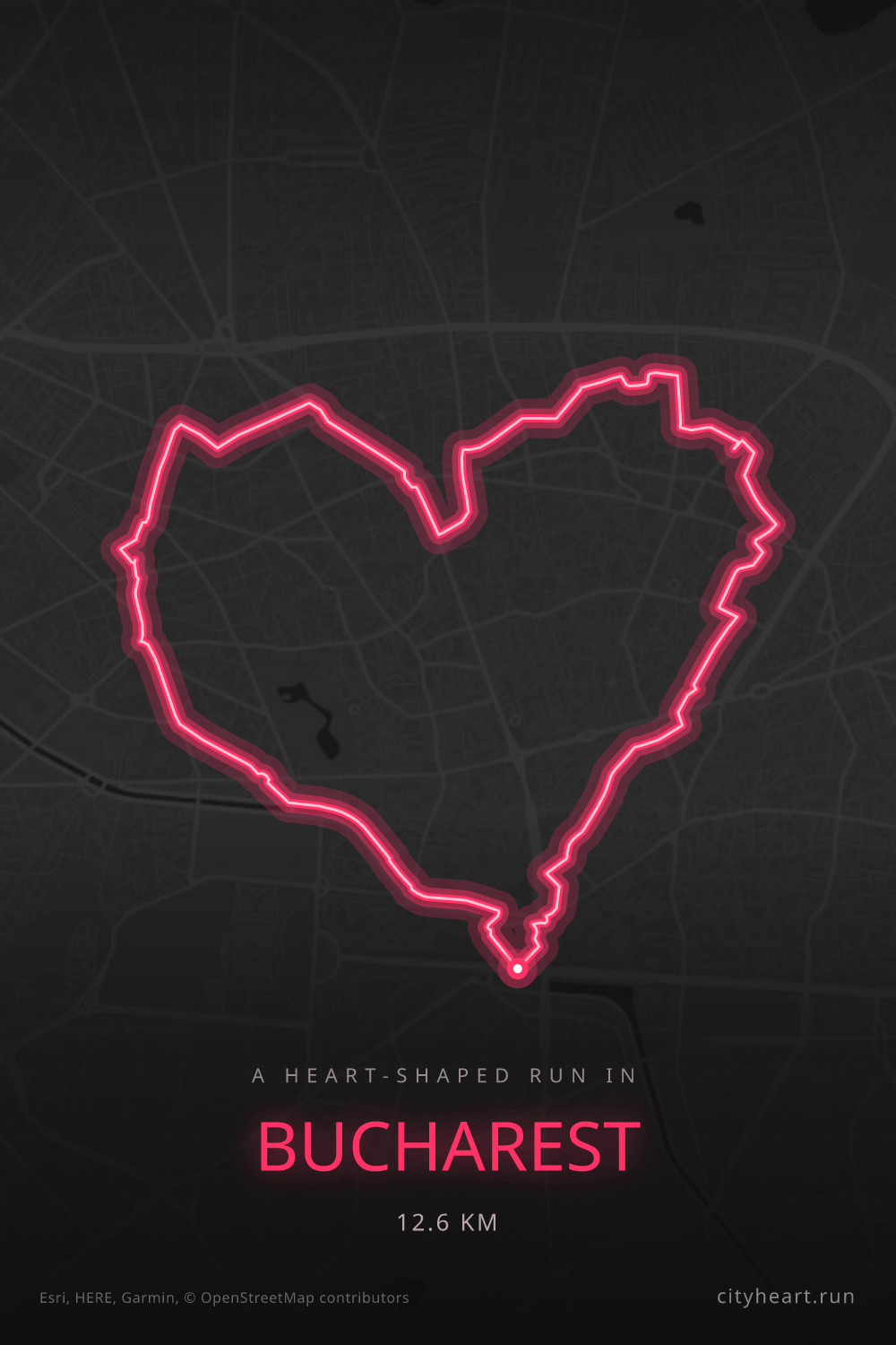Heart-shaped running route in Bucharest, 12.6 km — GPS art for Strava