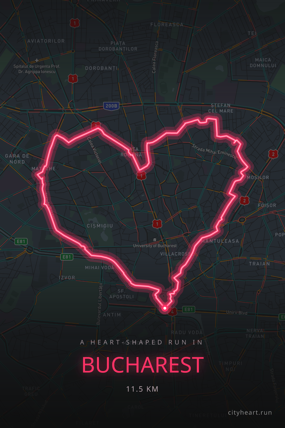 Heart-shaped running route in Bucharest, 12.6 km — GPS art for Strava