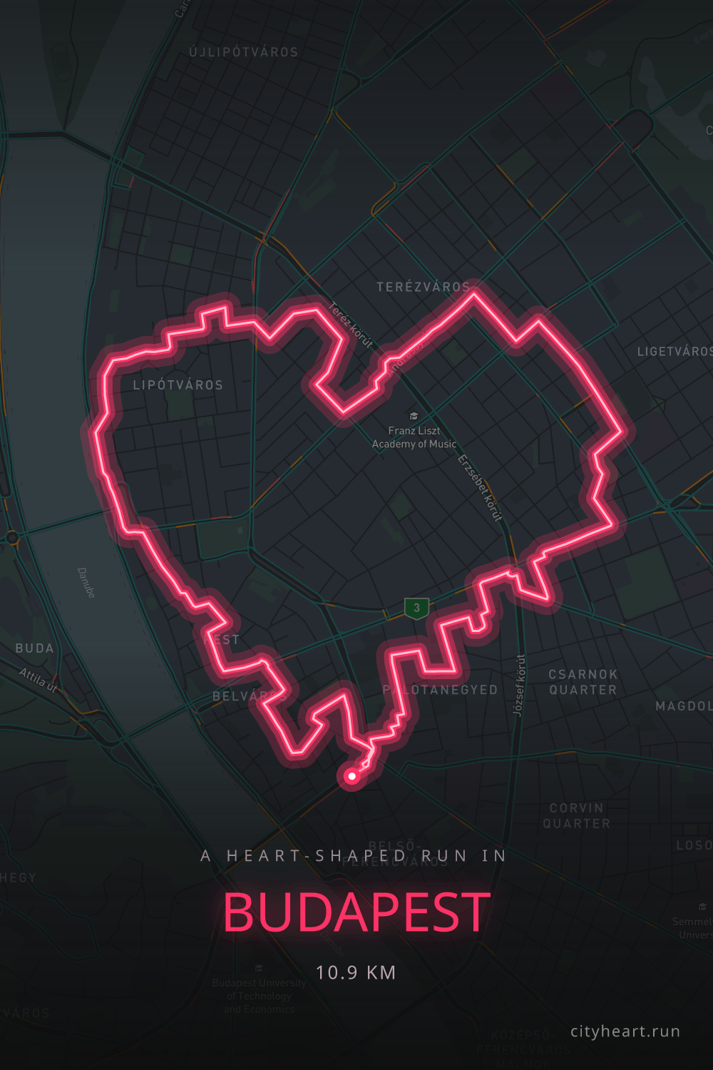 Heart-shaped running route in Budapest, 11.4 km — GPS art for Strava