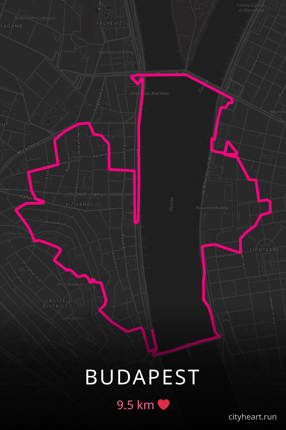 Heart-shaped running route in Budapest, 9.5 km — GPS art for Strava