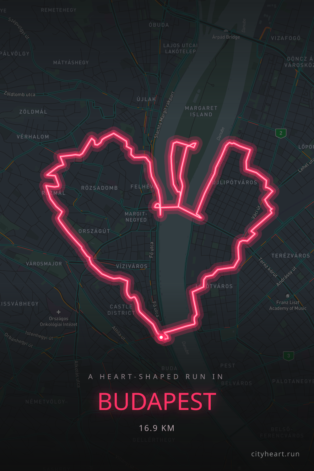 Heart-shaped running route in Budapest, 16.9 km — GPS art for Strava