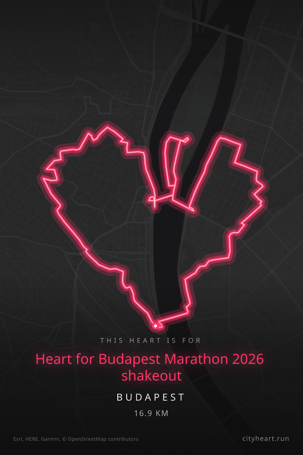 Heart-shaped running route in Budapest, 16.9 km — GPS art for Strava