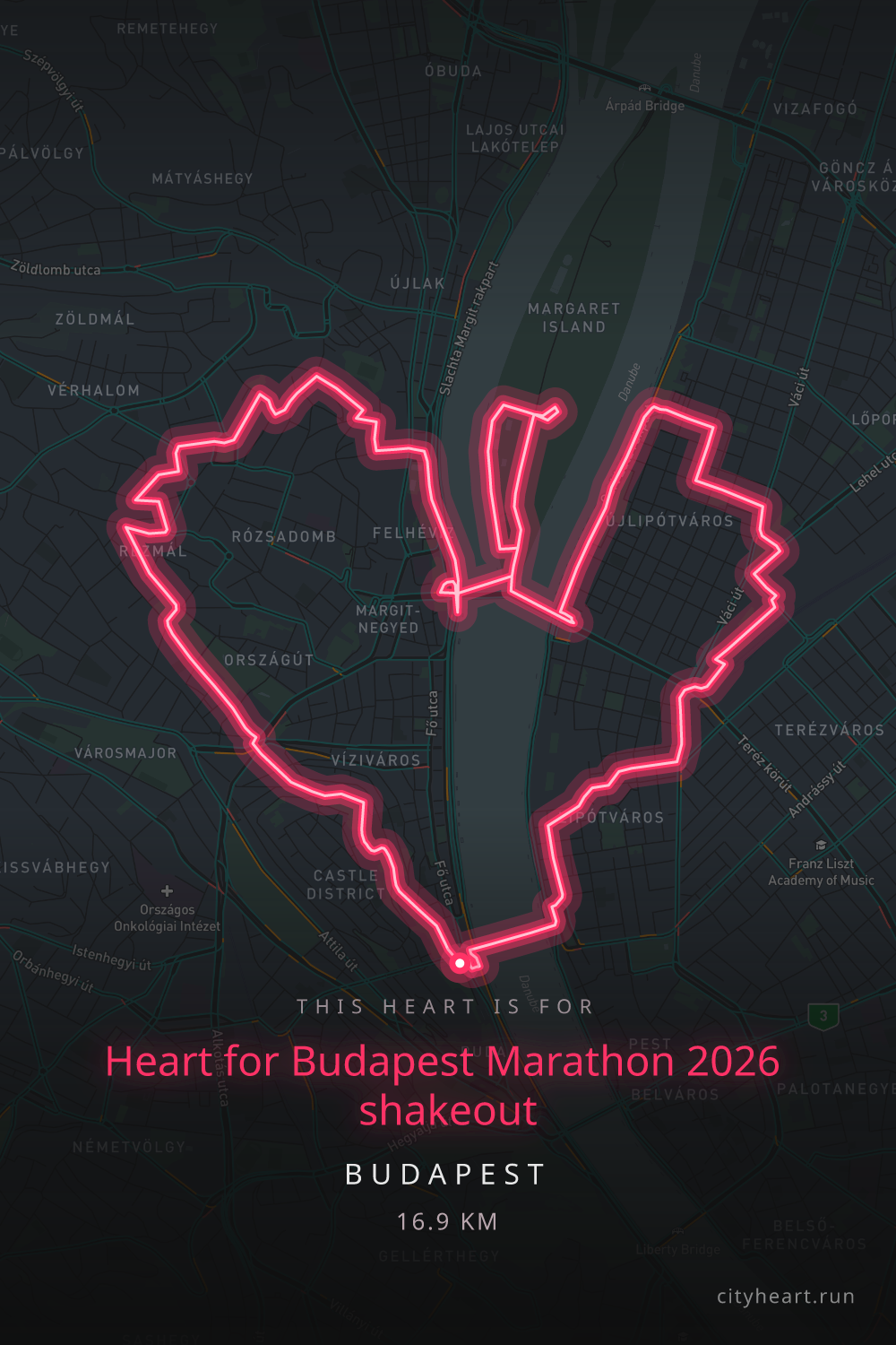 Heart-shaped running route in Budapest, 16.9 km — GPS art for Strava