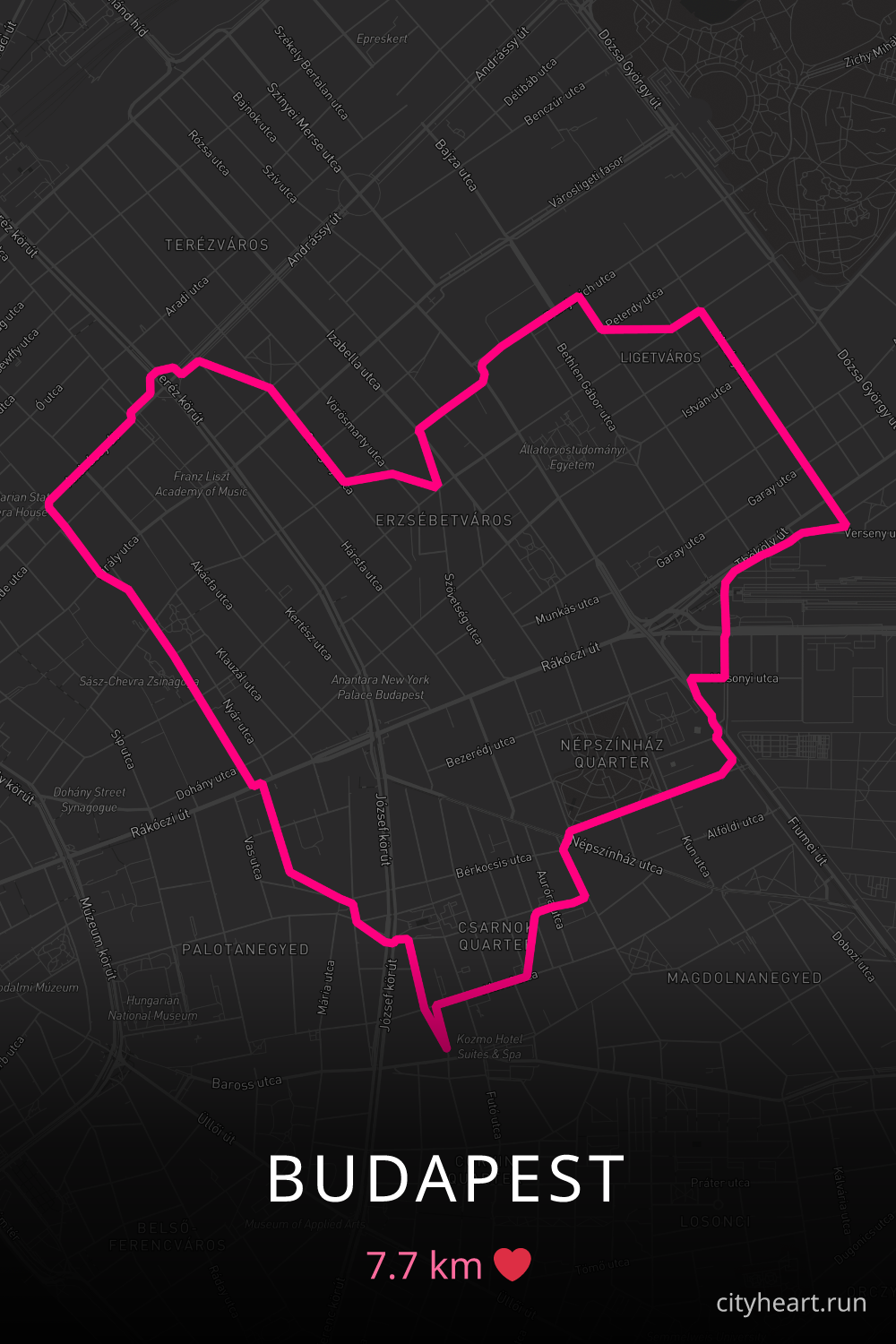 Heart-shaped running route in Budapest, 7.7 km — GPS art for Strava