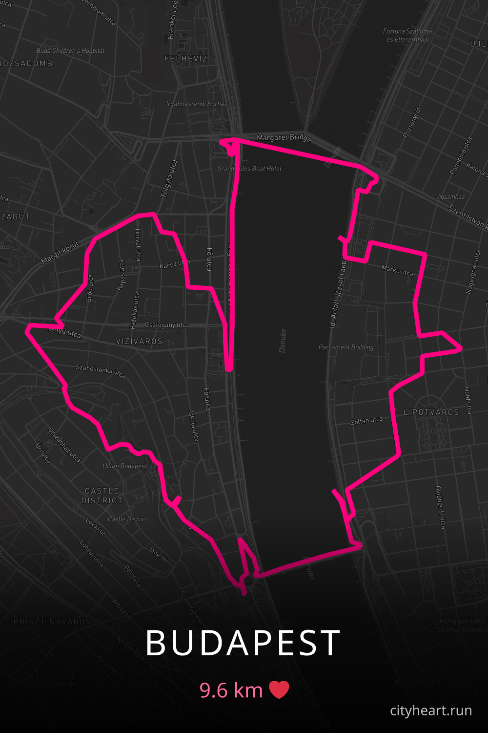 Heart-shaped running route in Budapest, 9.6 km — GPS art for Strava