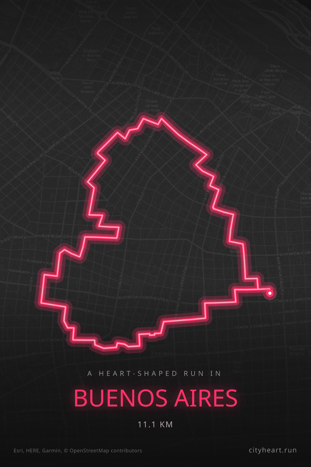 Heart-shaped running route in Buenos Aires, 11.1 km — GPS art for Strava