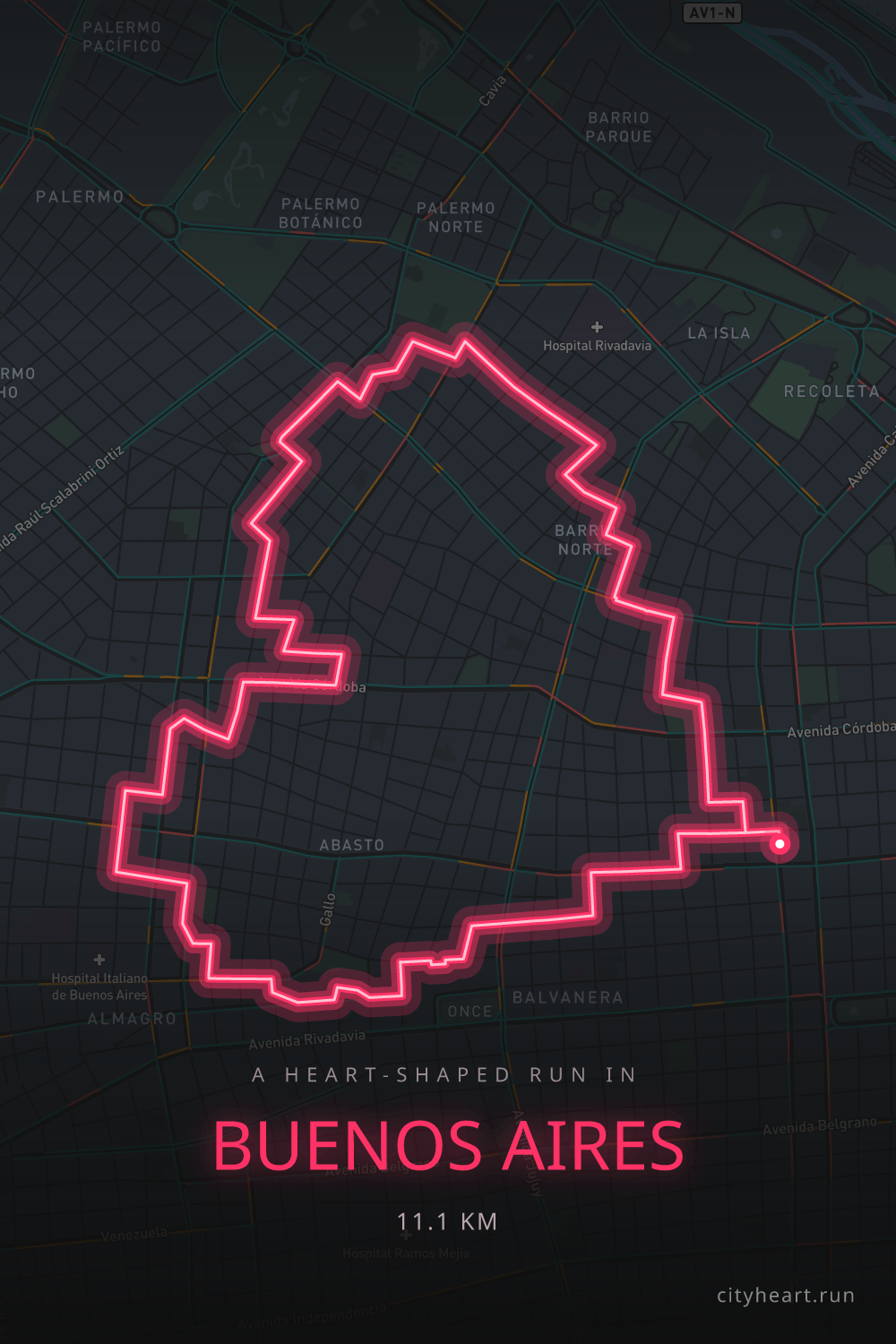 Heart-shaped running route in Buenos Aires, 11.1 km — GPS art for Strava