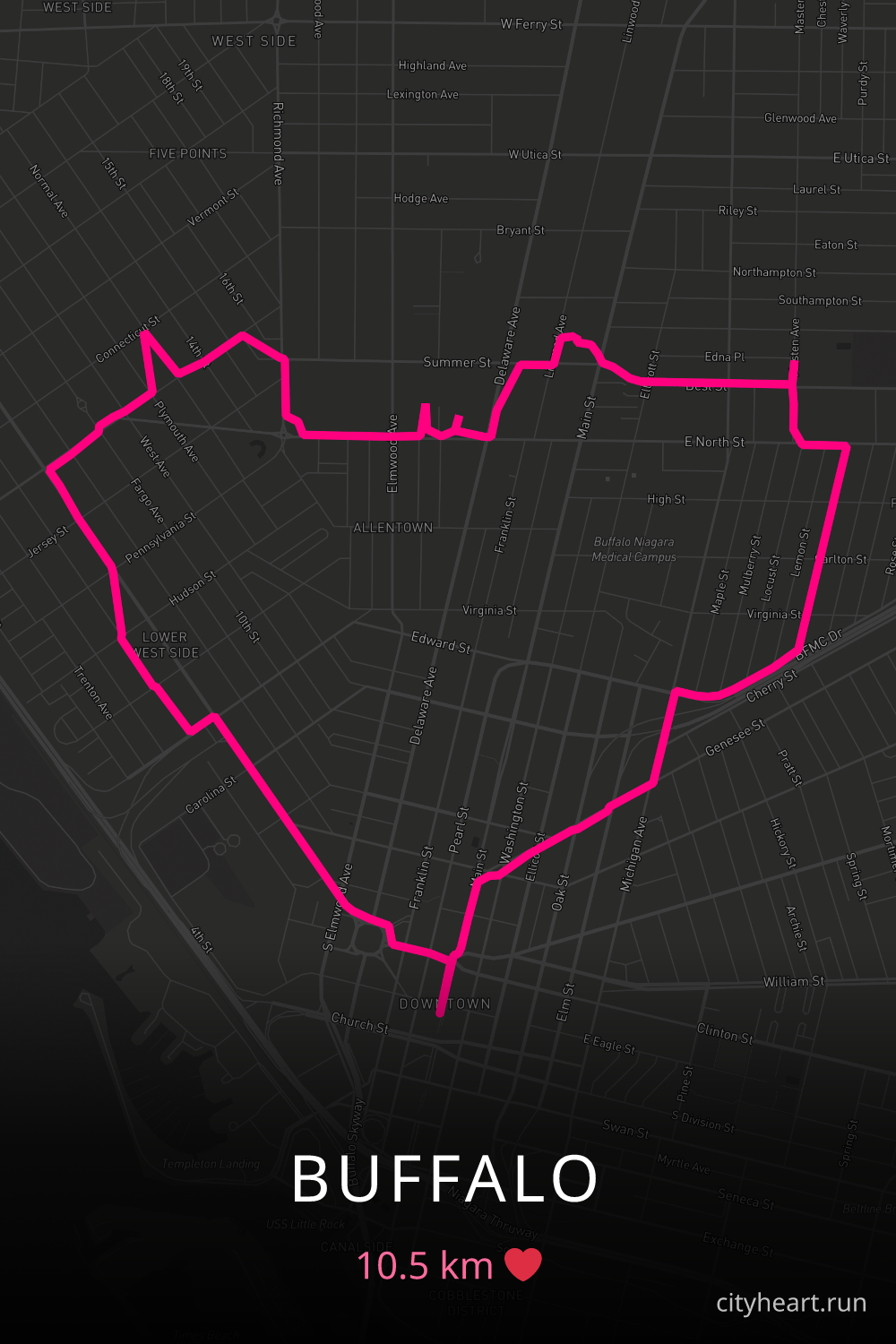 Heart-shaped running route in Buffalo, 10.5 km — GPS art for Strava