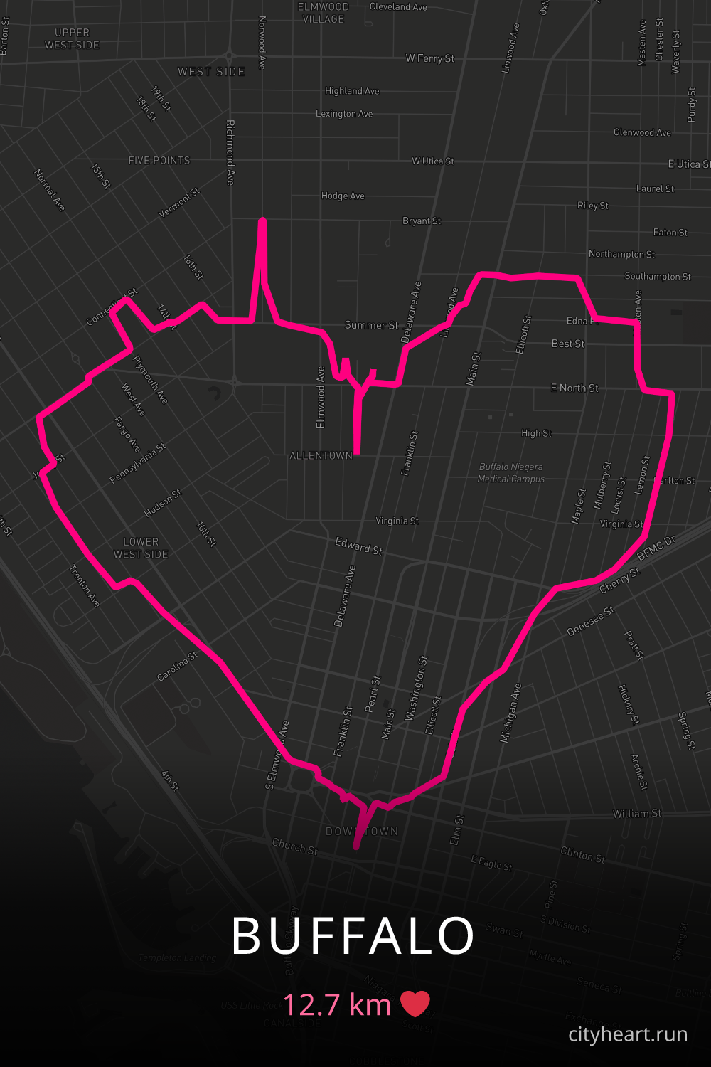 Heart-shaped running route in Buffalo, 12.7 km — GPS art for Strava