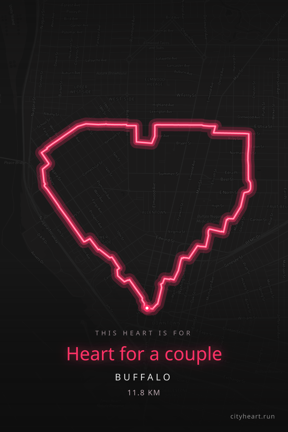 Heart-shaped running route in Buffalo, 13.2 km — GPS art for Strava