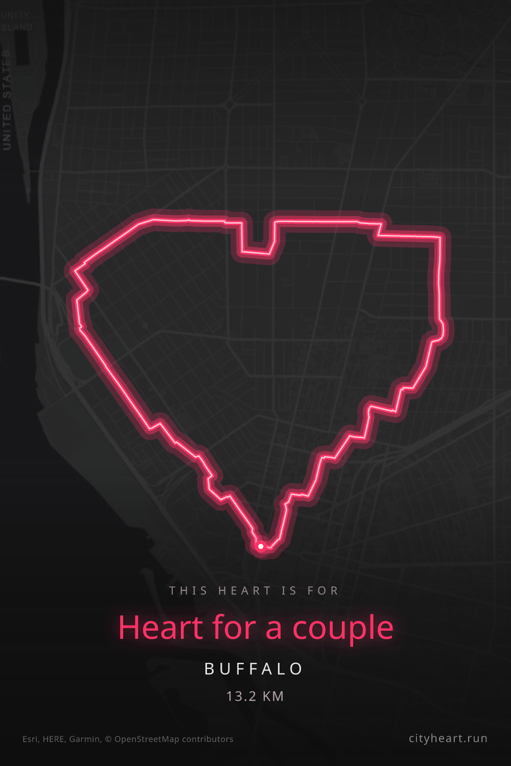 Heart-shaped running route in Buffalo, 13.2 km — GPS art for Strava