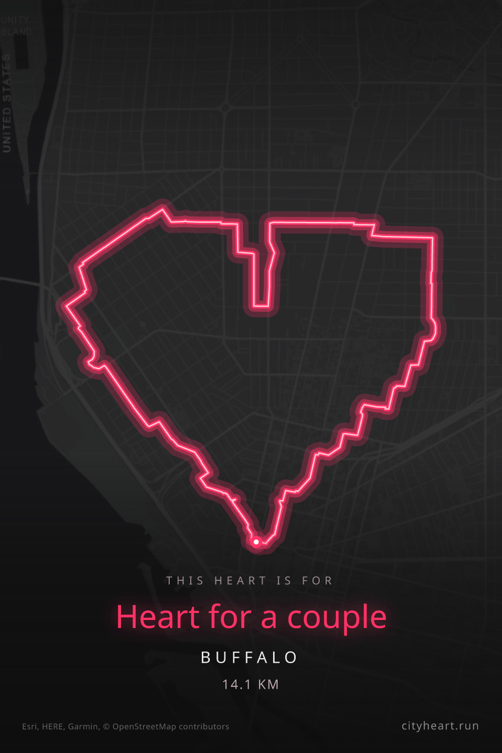 Heart-shaped running route in Buffalo, 14.1 km — GPS art for Strava