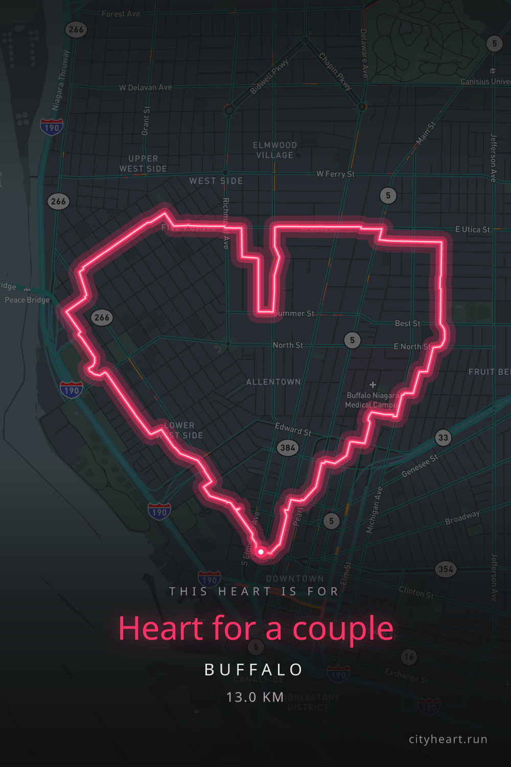 Heart-shaped running route in Buffalo, 14.1 km — GPS art for Strava