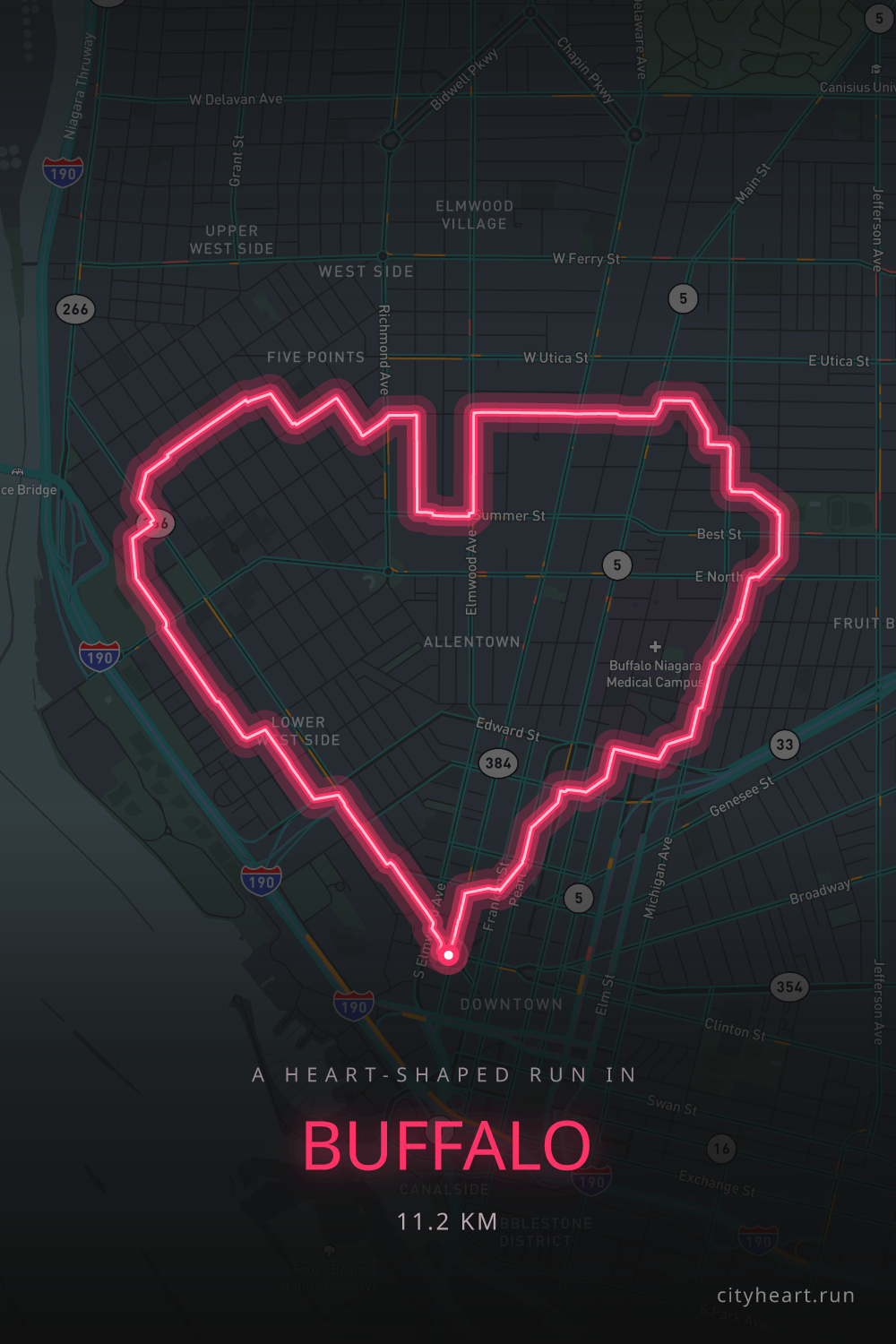 Heart-shaped running route in Buffalo, 11.3 km — GPS art for Strava