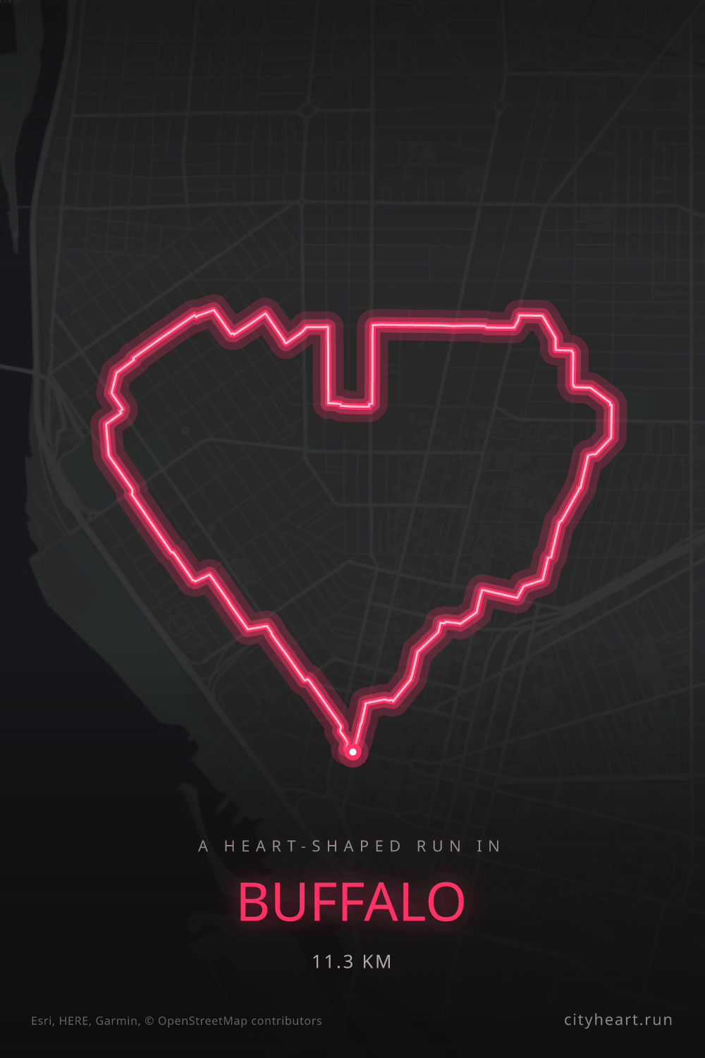Heart-shaped running route in Buffalo, 11.3 km — GPS art for Strava