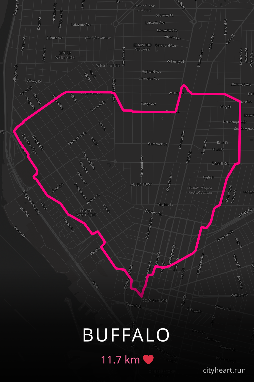 Heart-shaped running route in Buffalo, 11.7 km — GPS art for Strava