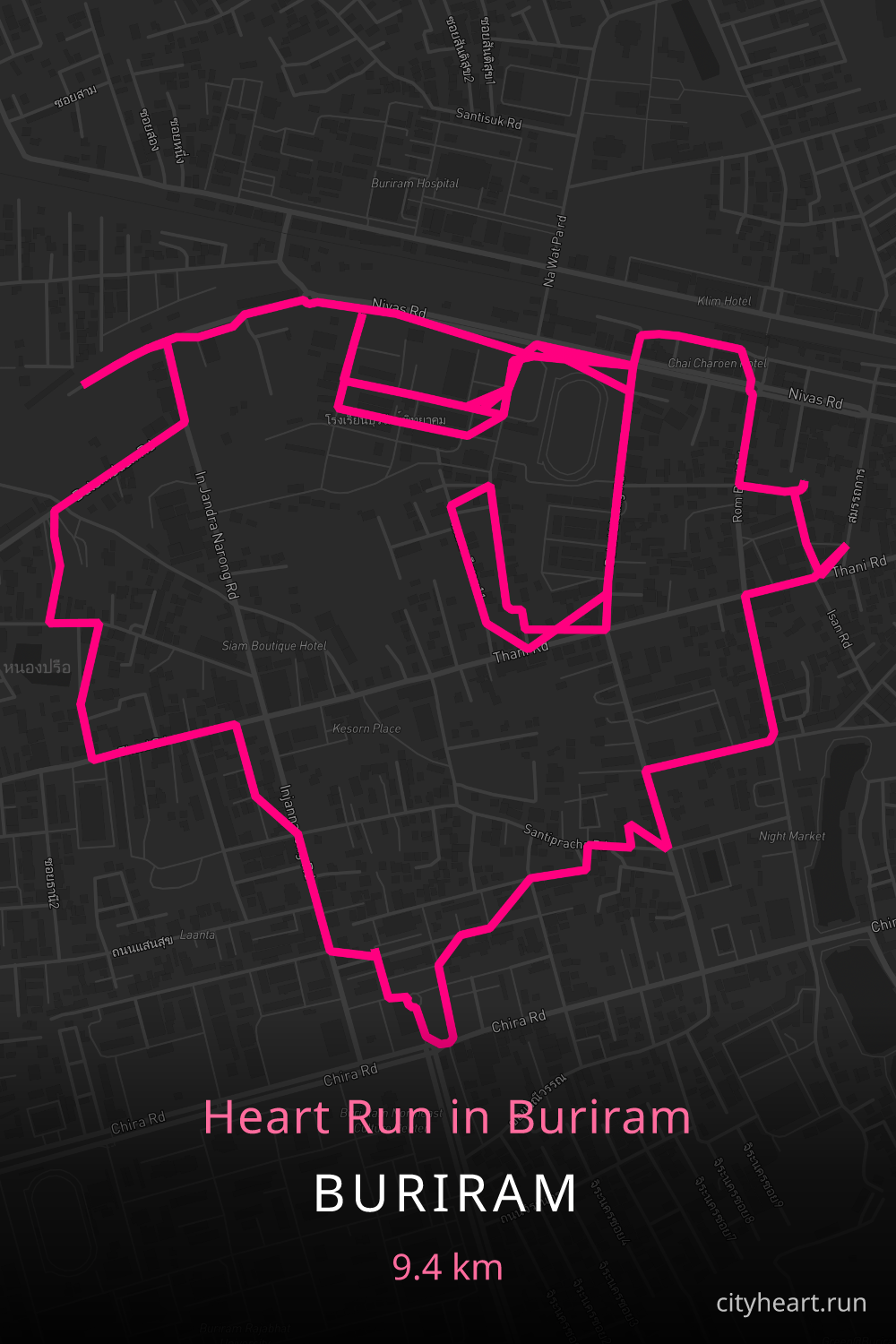 Heart-shaped running route in Buriram, 10.2 km — GPS art for Strava