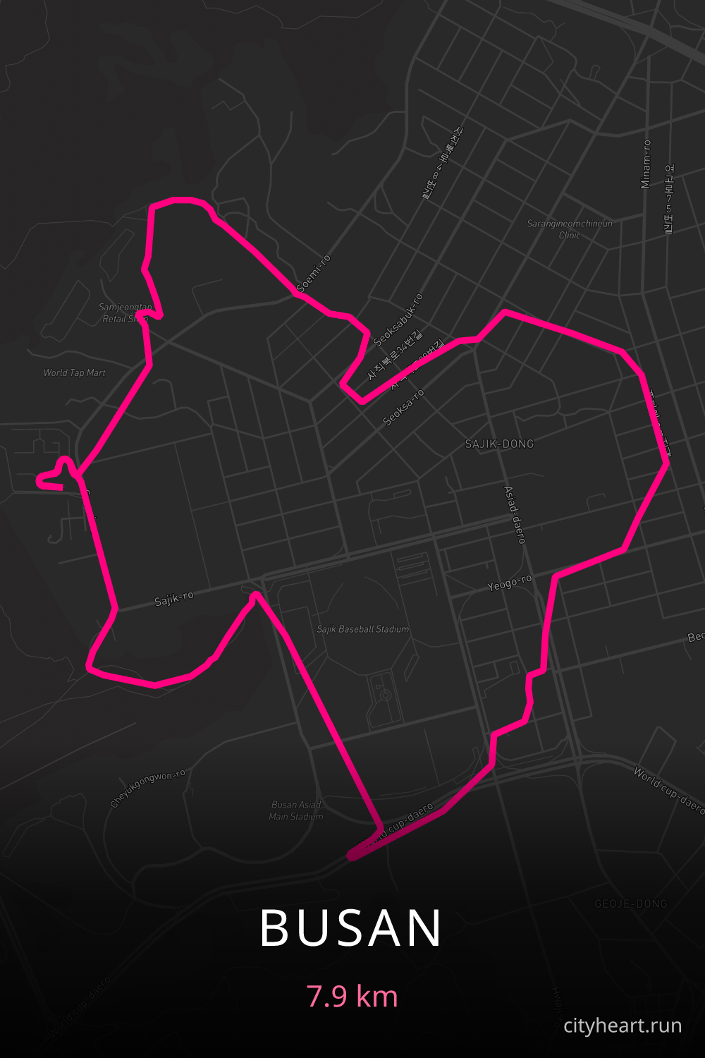 Heart-shaped running route in Busan, 7.9 km — GPS art for Strava