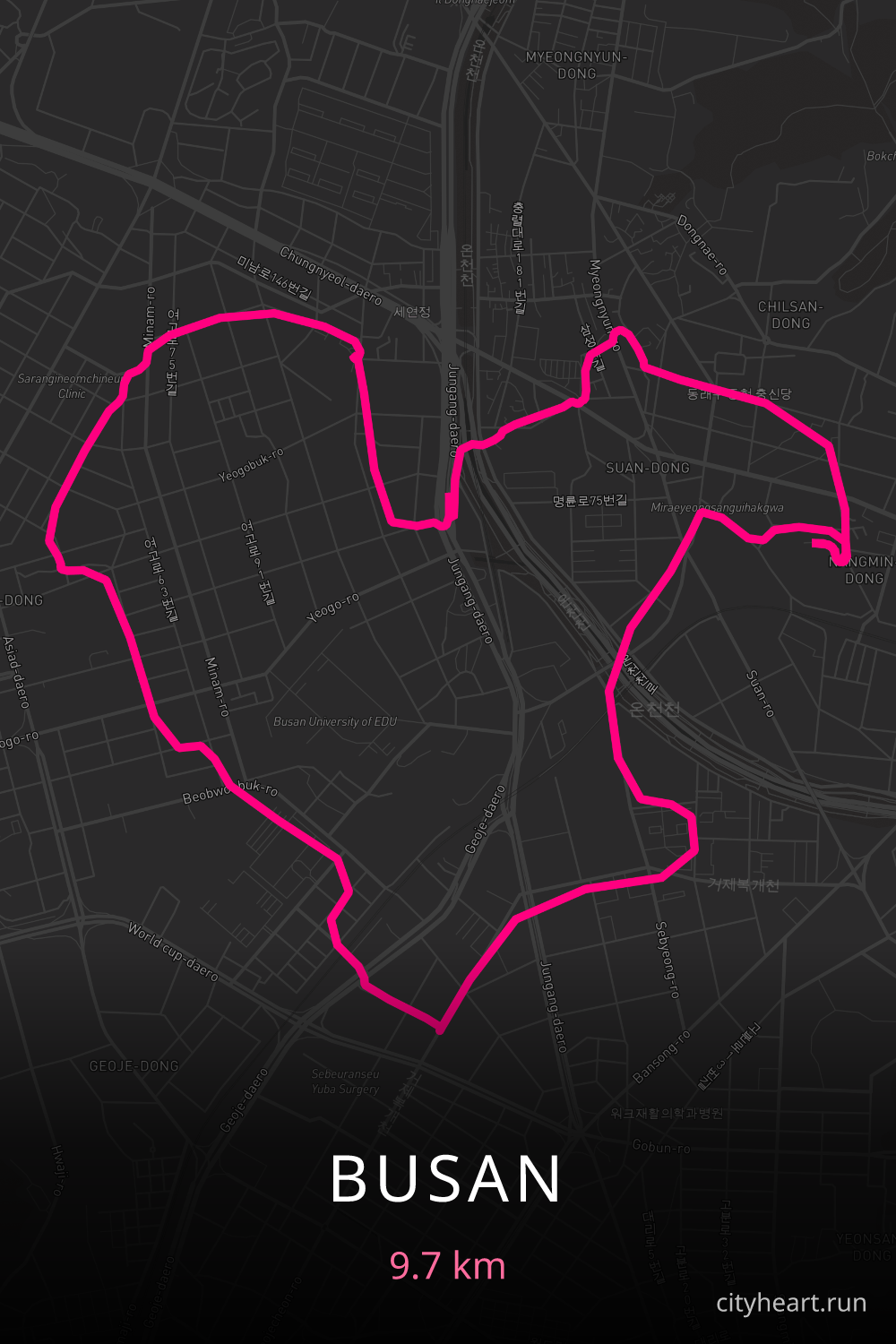 Heart-shaped running route in Busan, 9.7 km — GPS art for Strava
