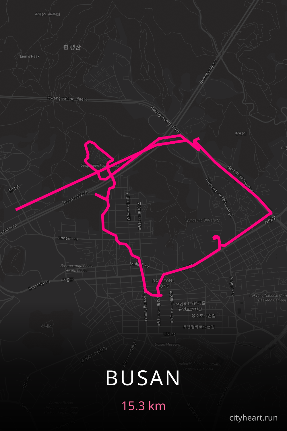Heart-shaped running route in Busan, 15.3 km — GPS art for Strava