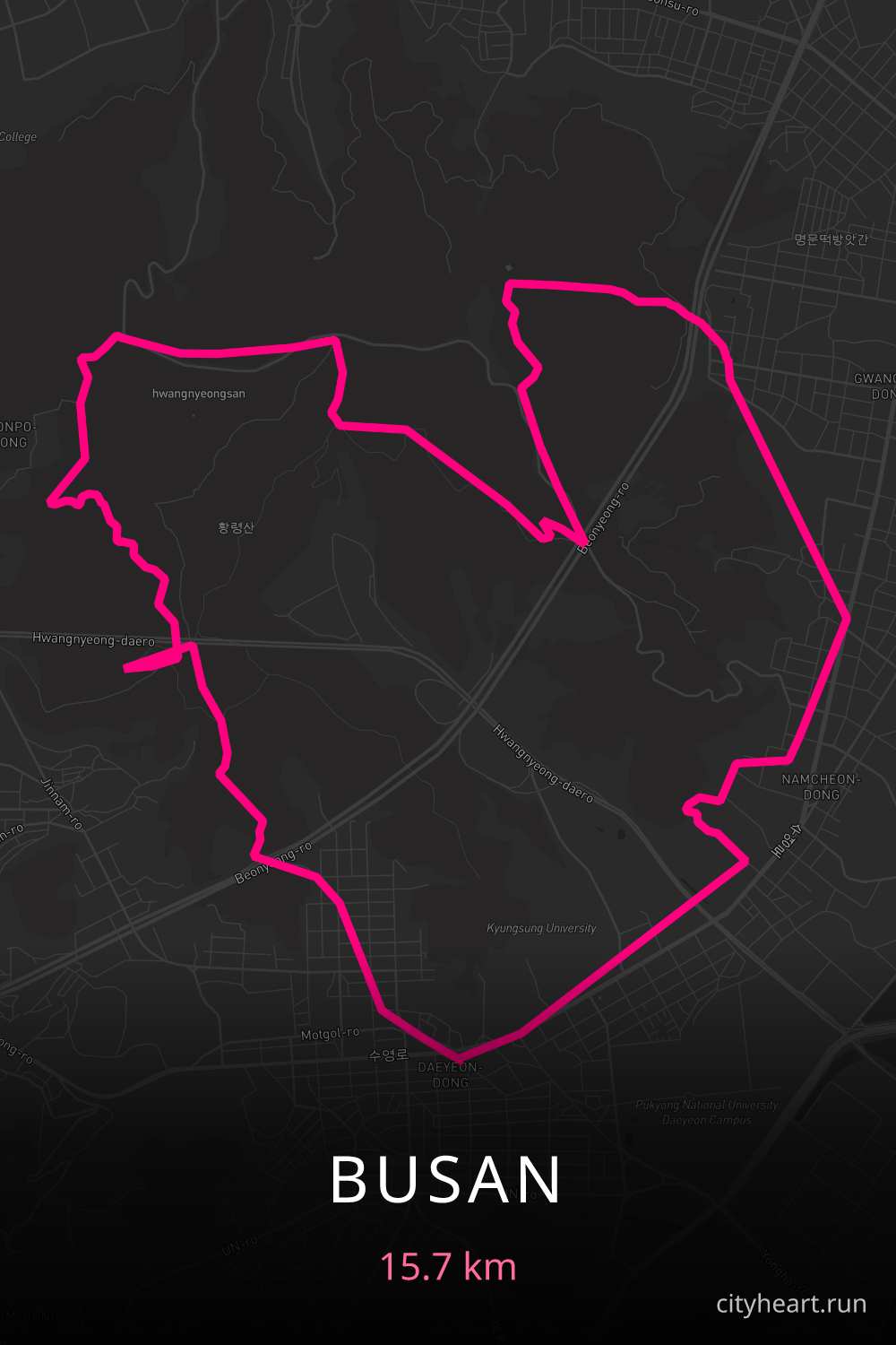 Heart-shaped running route in Busan, 15.7 km — GPS art for Strava