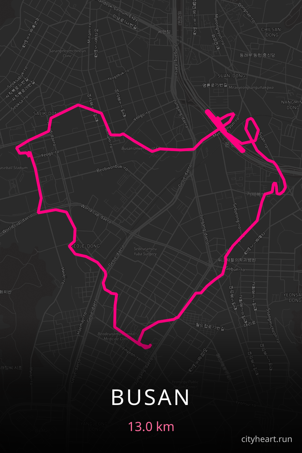 Heart-shaped running route in Busan, 13.0 km — GPS art for Strava